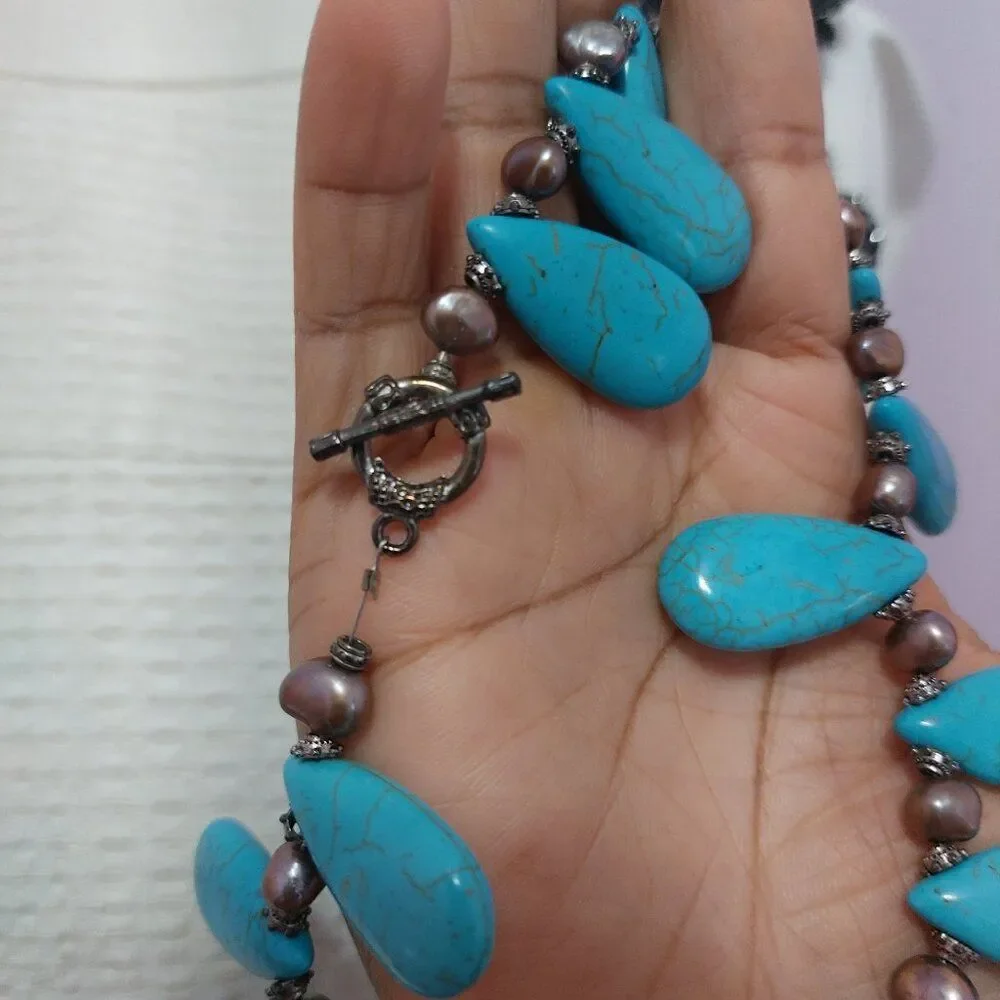 SOLD Teardrop Howlite Turquoise Purple Freshwater Pearl Fringed Collar Necklace - Picture 5 of 7